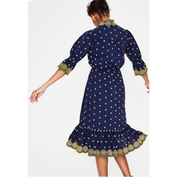 Boden Bronwen Broderie Embroidered Midi Dress in Navy and Yellow Sz 12 - Picture 3 of 16